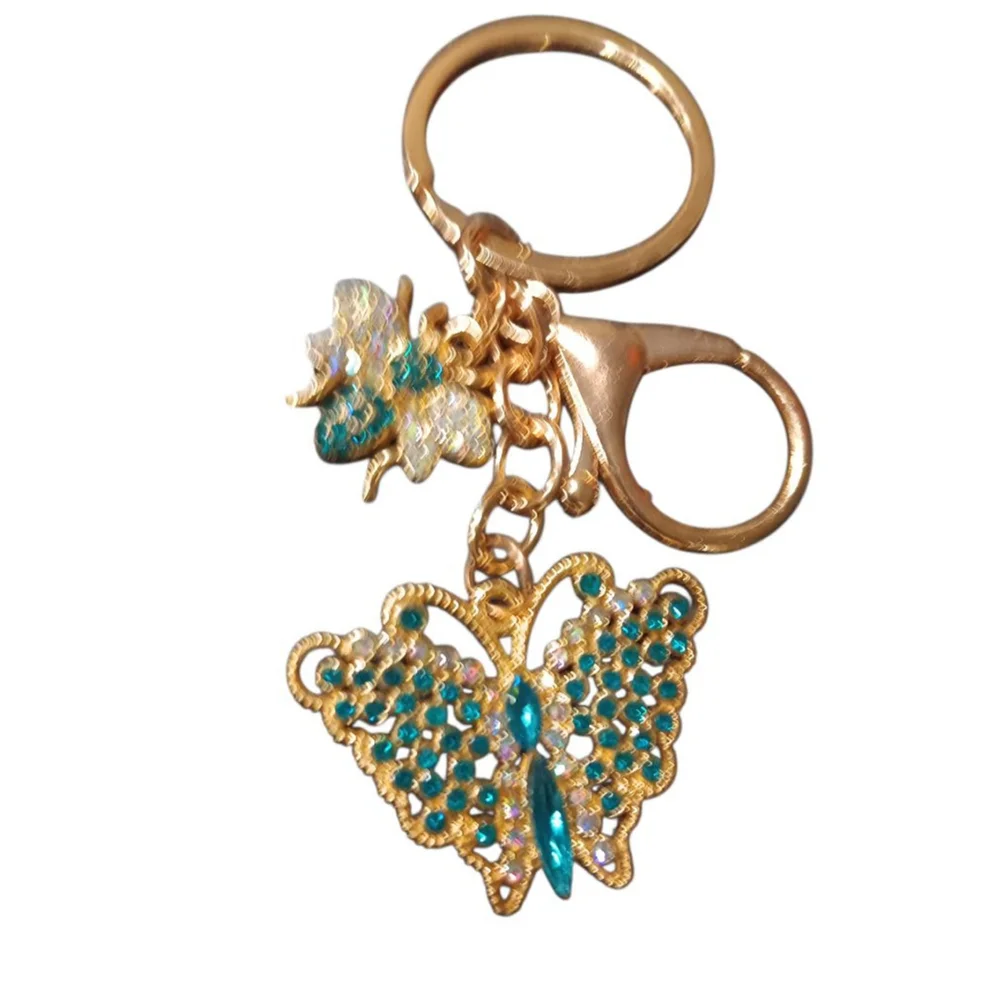 Beautiful Blue Rhinestone Butterfly Bumblebee Gold Tone Keychain Purse Charm
